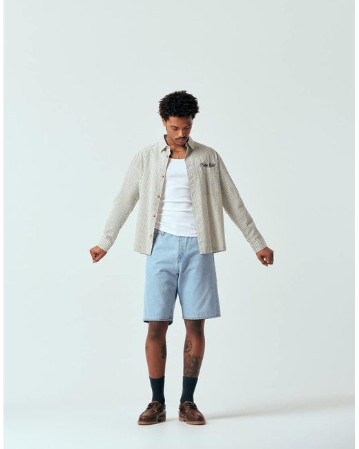 ASOS Blue Relaxed Seersucker Striped Shirt With Chest Embroidery for men