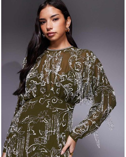 ASOS Green Long Sleeve All Over Fringe Embellished Maxi Dress