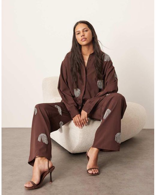 ARRANGE Brown Embellished Diamante Fringe Spot Oversized Shirt