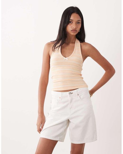 Miss Selfridge White Stripe Halterneck Top With Picot Trim Detail