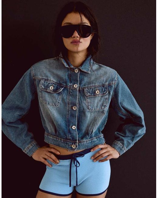Bershka Blue Cropped Balloon Denim Jacket