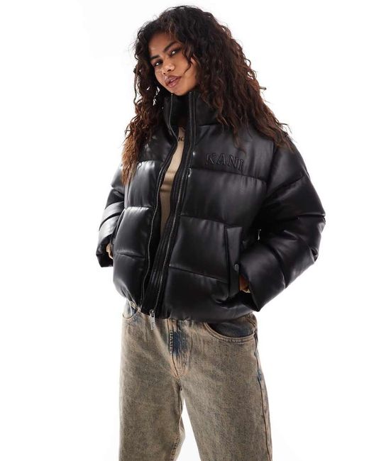 Karlkani Black Serif Cropped Pu Puffer Jacket