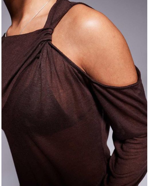 ASOS Purple Knit-look Semi Sheer Long Sleeve Top With Drape Cold Shoulder