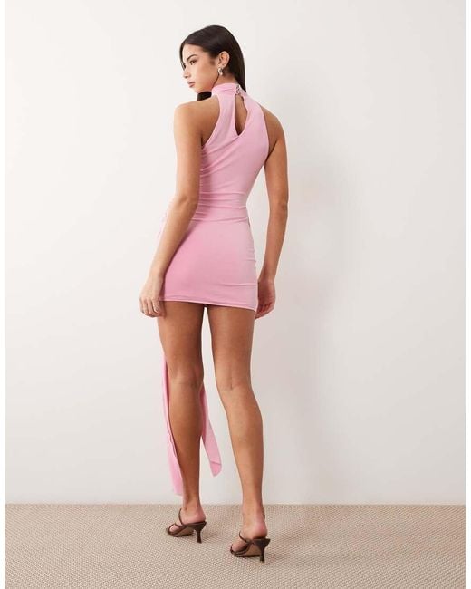 Ruched & Ready Pink Premium Sculpting Halterneck Drape Knot Waist Detail Mini Dress