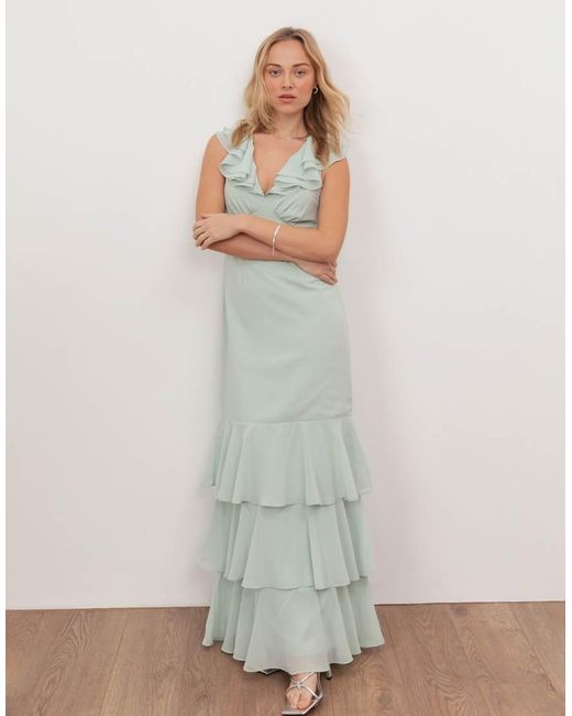 ANAYA Green V Neck Ruffle Maxi Dress