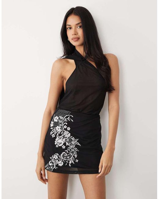ASOS Black Mesh Embroidered Mini Skirt