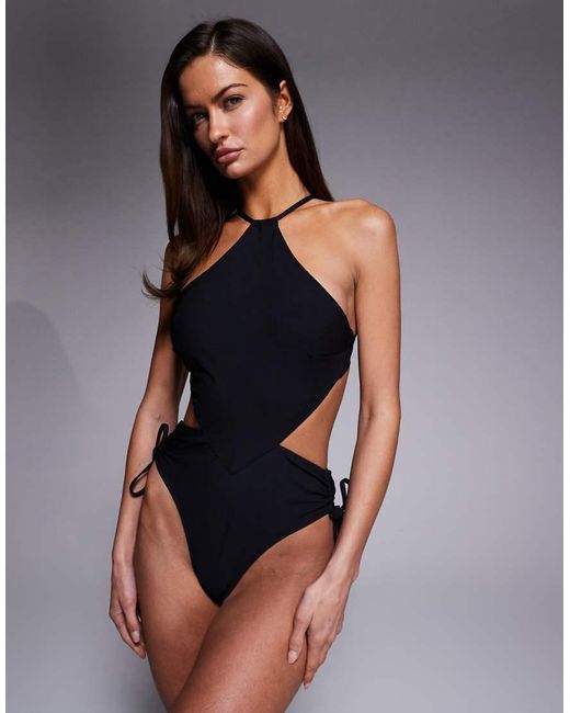 ASOS Black Hema Paper Touch Scarf Halter Neck Swimsuit