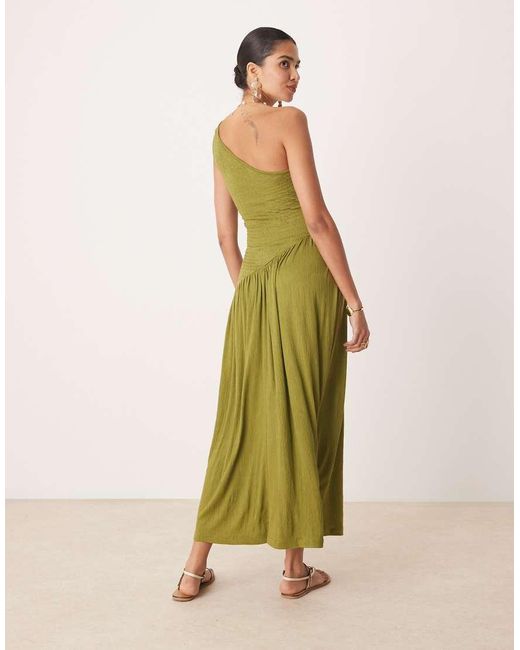 ASOS Green Crinkle Shirred Bodice One Shoulder Asym Dropped Waist Midi Dress