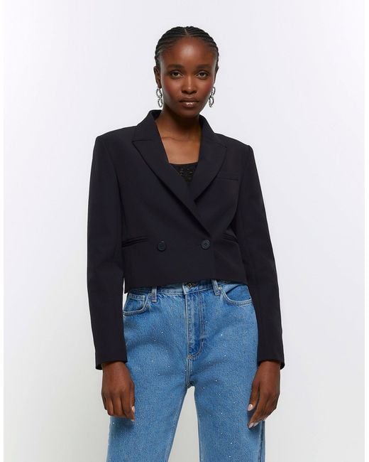 River Island Blue Crop Double Breasted Blazer