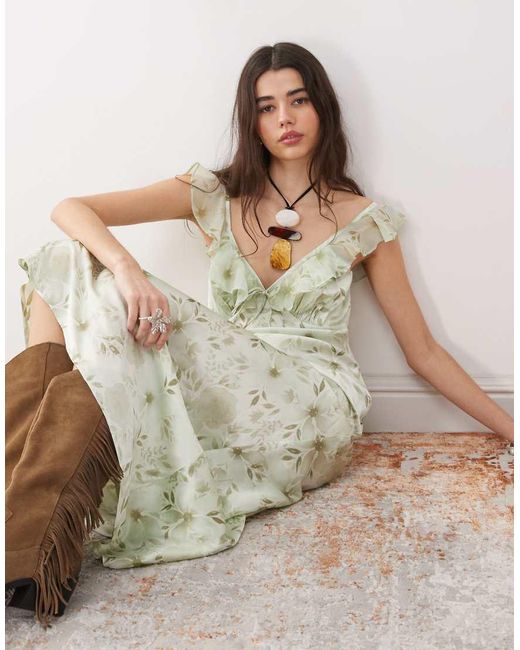 Reclaimed Vintage Natural Maxi Cami Tea Dress With Flutter Sleeves