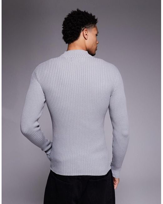 ASOS Gray Muscle Fit Knitted Rib Zip Through Jacket for men