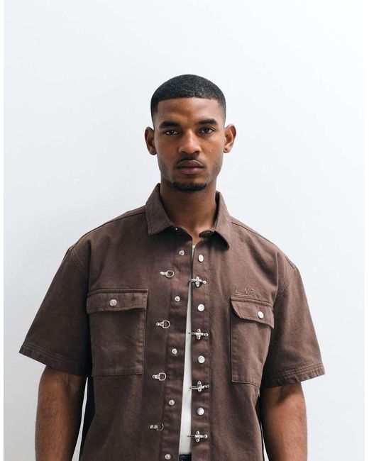 Liquor N Poker Brown Fireman Clasp Detail Denim Shirt for men