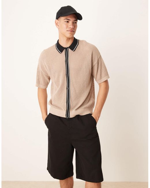 ASOS Natural Relaxed Airtex Knitted Button Through Polo With Contrast Collar for men