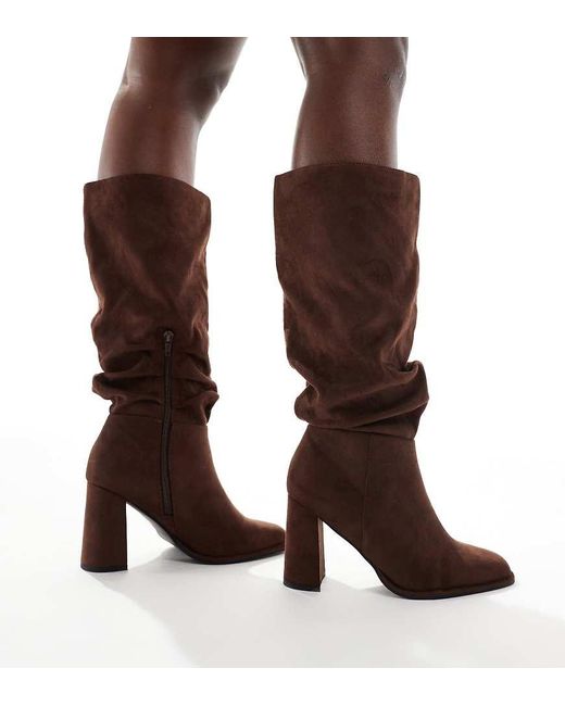 London Rebel Brown maggie Slouchy Block Heel Boots