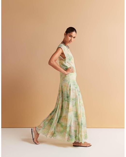 ASOS Natural Asym Sleeve Maxi Dress With Godet Hem