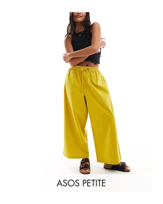 ASOS Yellow Petite Pull On Barrel Leg Trouser With Linen
