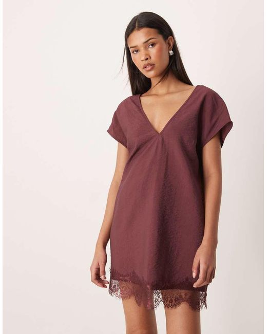 ASOS Red V Neck Shift Lace Crinkle Satin Mini Dress