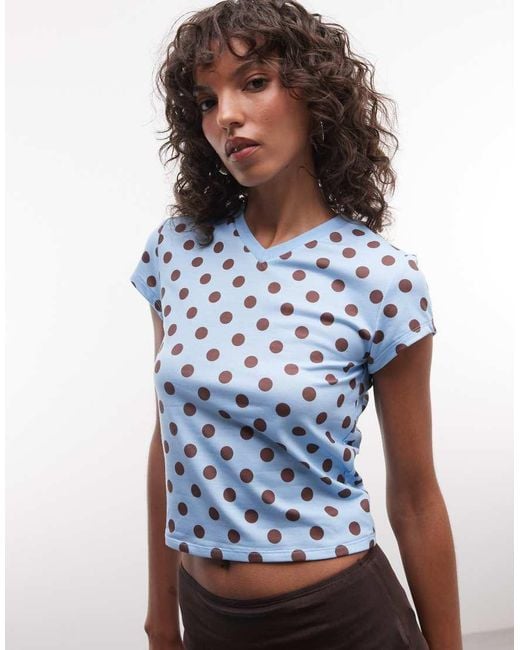 Reclaimed Vintage Blue Polka Dot V Neck Tee