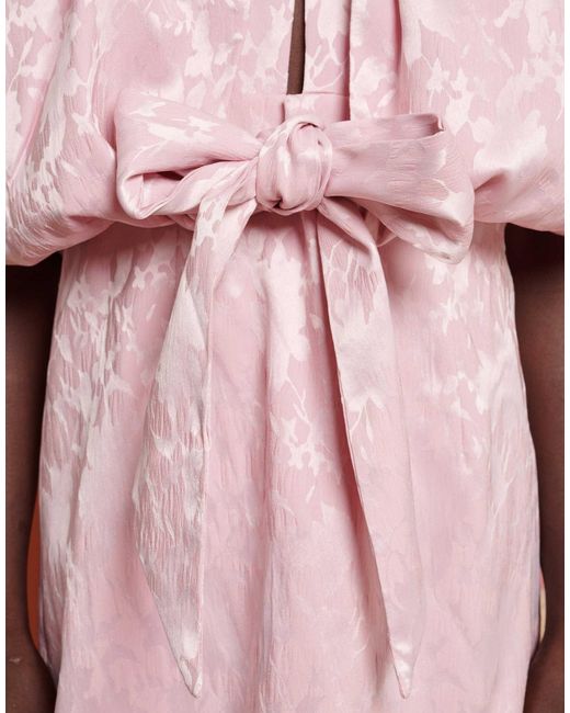 Ghospell Pink Jacquard Bow Pleated Mini Dress