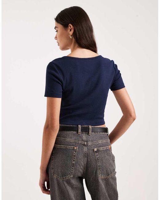 ONLY Blue Ruched Detailing Ribbed T-shirt