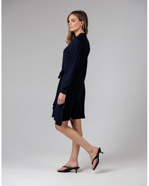 French Connection Blue Cotton Stretch Grandad Collar Long Balloon Sleeve Button Self-Tie Midi Dress