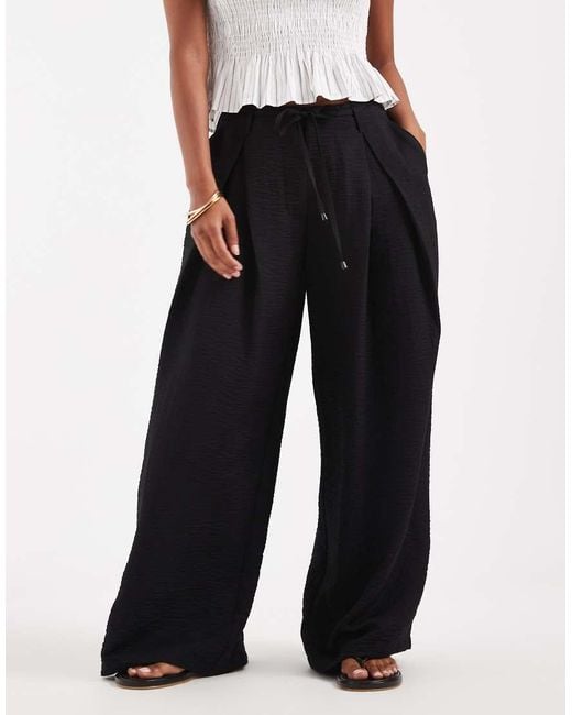 ASOS White Asos Design Petite Textured Wide Leg Trousers With Tie Waist