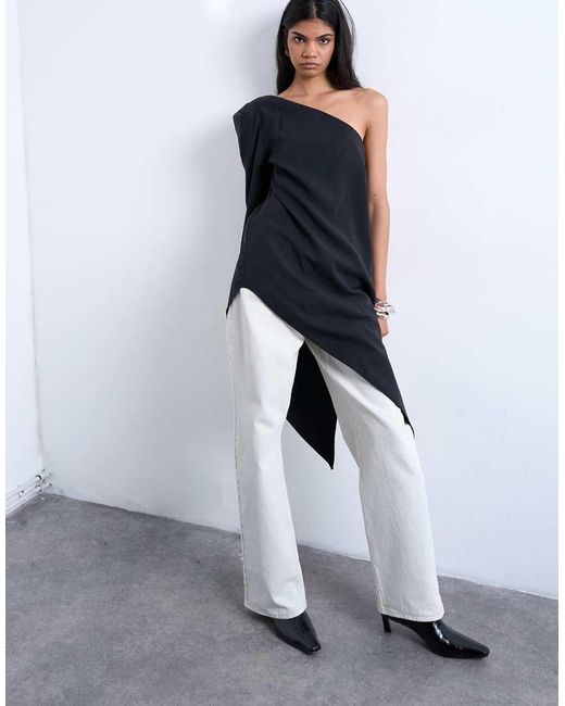 TOPSHOP Gray Cupro Asymmetric Top With Shoulder Pads