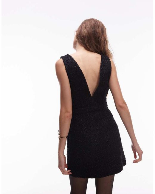 & Other Stories Black Textured Tweed Mini Dress Wit V-Neck