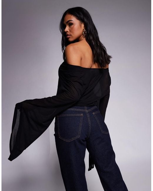 ASOS Black Sheer Mesh Flared Sleeve Cowl Cape Top