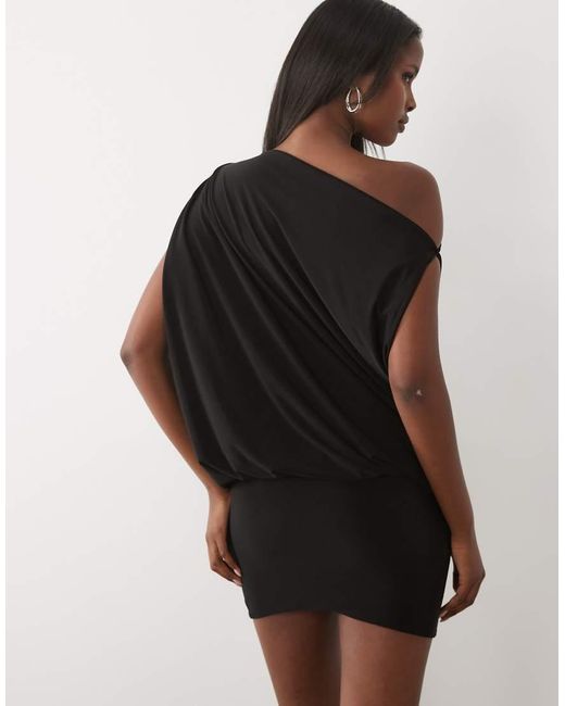 Missy Empire Black Double Sculpted Slinky Drape Off Shoulder Fitted Skirt Fold Over Detail Mini Dress