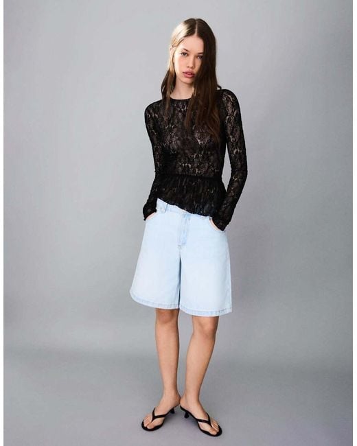 Bershka Black Long Sleeve Lace Frill T-shirt