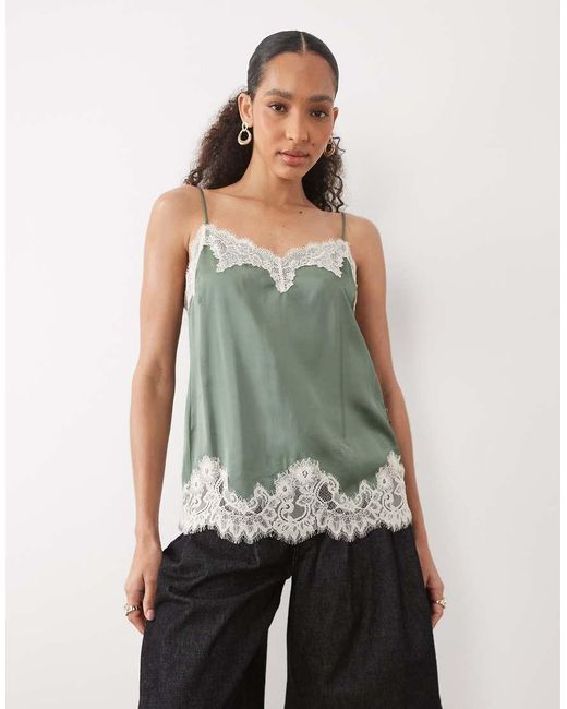 Abercrombie & Fitch Green Satin Lace Detail Cami Top