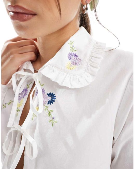 Object White Tie Front Shirt With Floral Embroidery