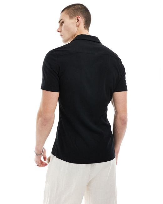ASOS Black Short Sleeve Deep Revere Muscle Viscose Shirt for men