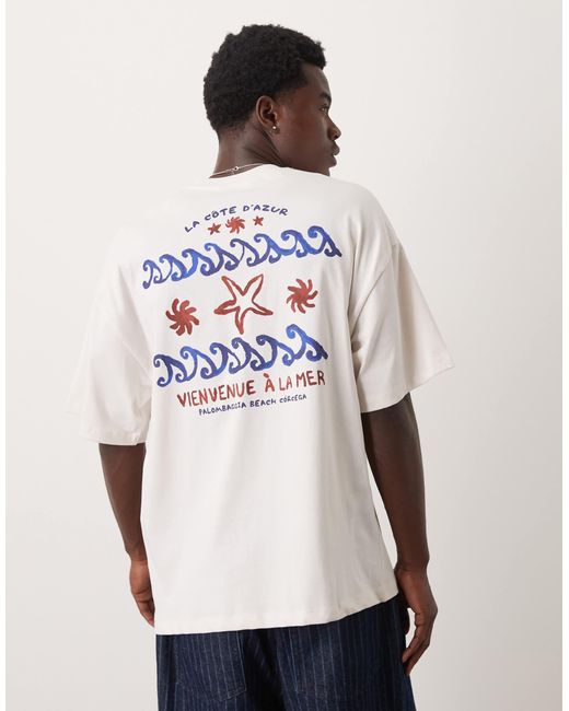 SELECTED White Oversized Heavy Weight T-shirt With Sea Back Print for men