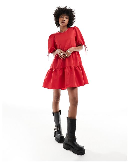 Monki Red Short Sleeve Mini Tie Dress With Bow Detail