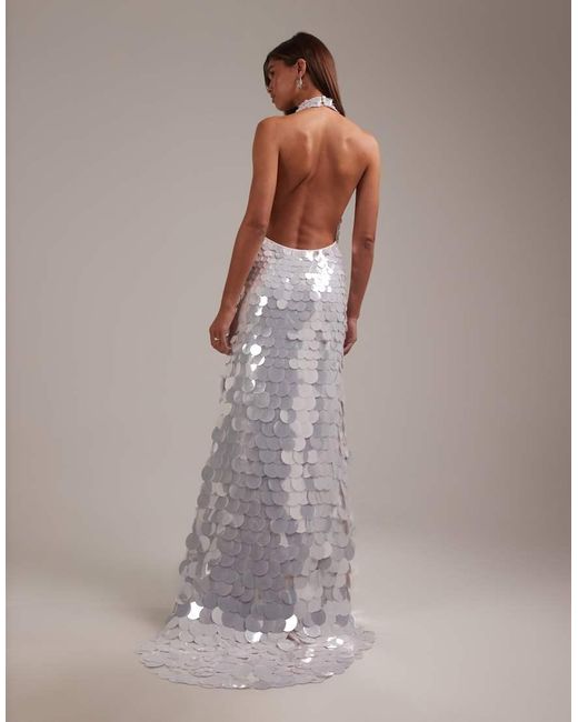 ASOS White Large Paillette Sequins Plunge Halter Neck Wedding Maxi Dress