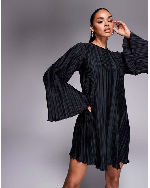 ASOS Blue Plisse Wide Sleeve Mini Dress With Back Bow Detail