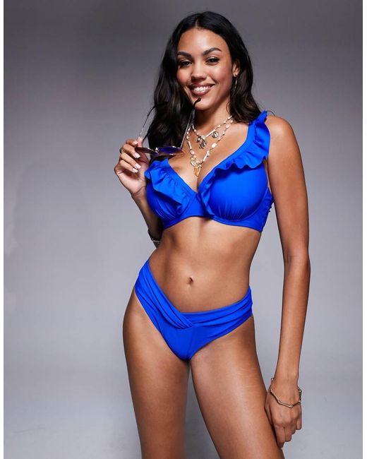Ivory Rose Blue Fuller Bust Moulded Underwired Bikini Top With Frill Front