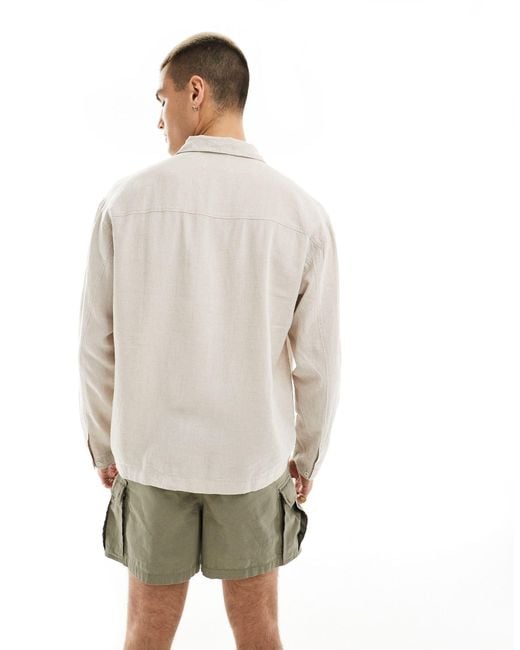 Bershka Natural Linen Rustic Long Sleeve Shirt for men