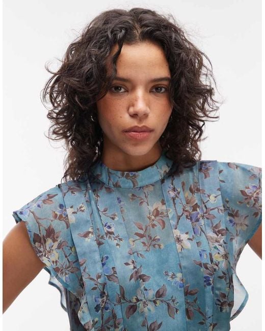 AllSaints Blue Fleur Floral Ruffle Mini Dress