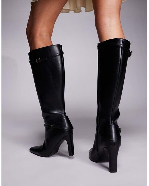 Public Desire Black Poppy Heeled Knee Boots With Buckle Detail