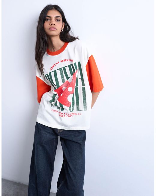 TOPSHOP White Graphic Oversized Pizzeria Tee With Contrast Sleeves