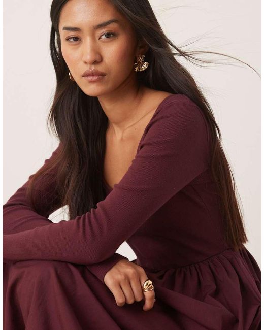 Nobody's Child Red Ribbed Scoop Neck Poplin Skirt Midaxi Dress