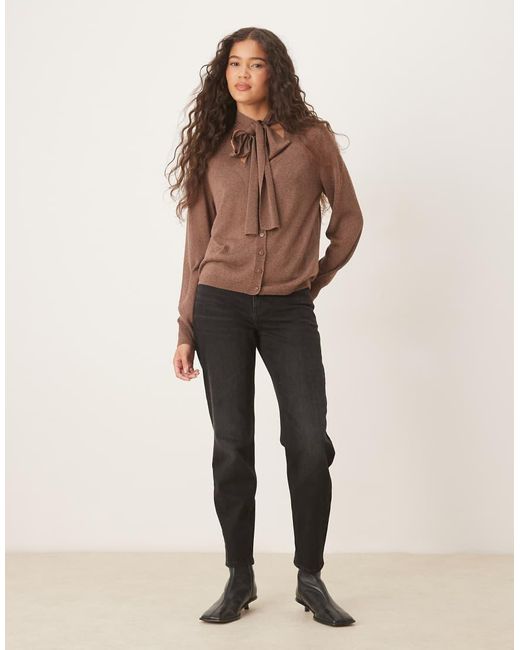 Mango Brown Fine Knit Cardigan With Neck Tie