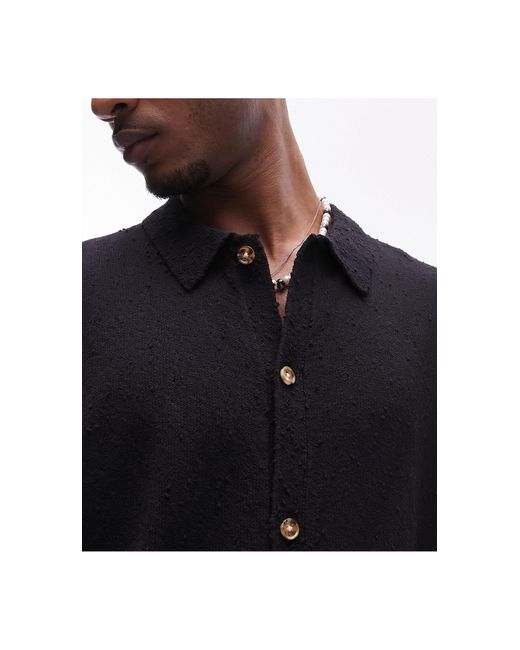 Topman Black Relaxed Fit Knitted Textured Button Through Shirt for men