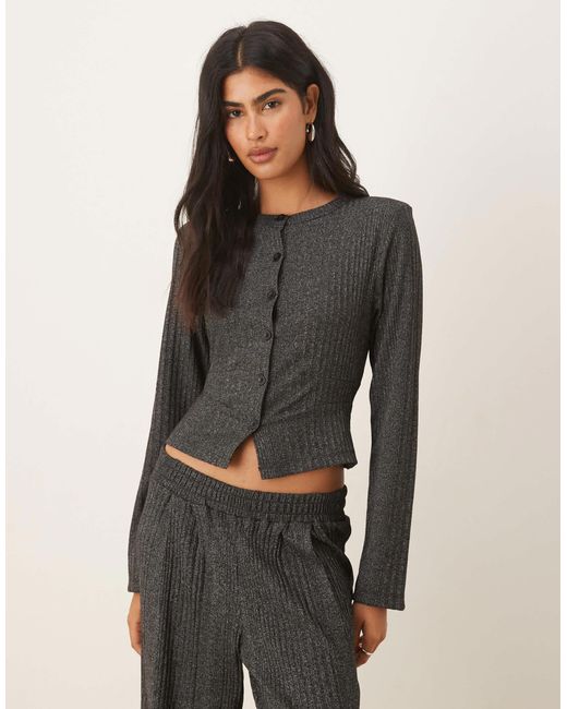 ASOS Gray Rib Detail Long Sleeve Button Through Top