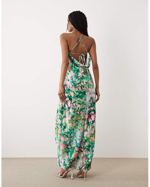 Hope & Ivy Green Satin Cami Cowl Neck Open Tie Back Maxi Dress