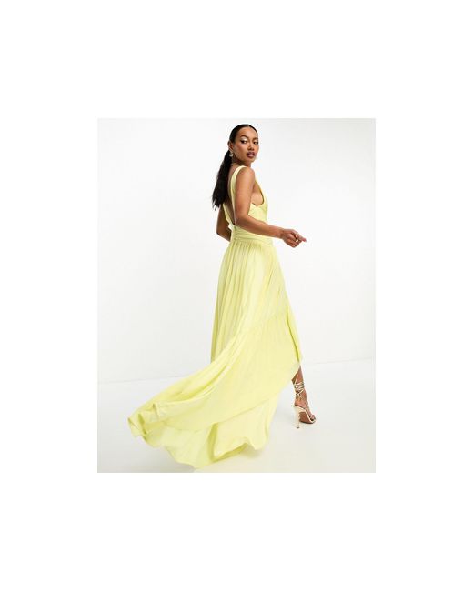 ASOS Yellow Satin Wrap Maxi Dress With Hi Low Hem