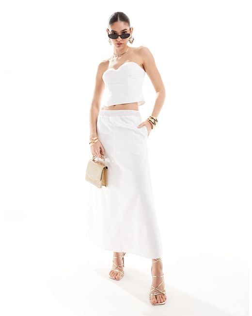 4th & Reckless White Linen Look Shirred Waist Flared Maxi Skirt Co-ord